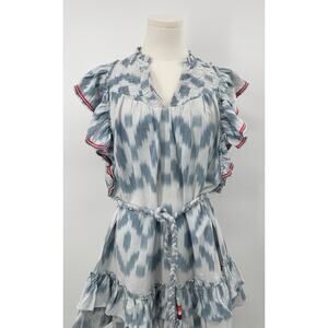 Saylor Blue Ikat Dress Ruffle Flutter Sleeve Tie Waist Cotton Boho Mini S